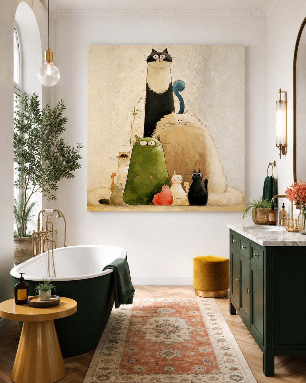 Whimsical Cat Painting For Modern Home Decor With Textured Canvas Finish