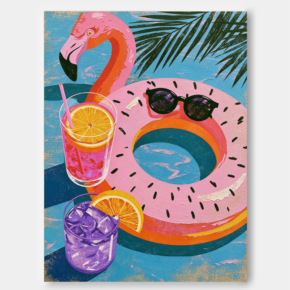 Whimsical Tropical Cocktail And Flamingo Float Canvas Art For Bright Sunroom Wall Decor