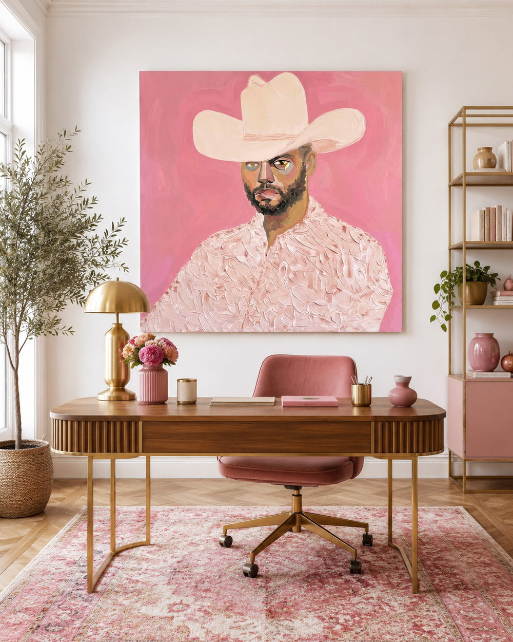 Modern Cowboy Portrait Painting On Canvas With Pink Background For Living Room Decor
