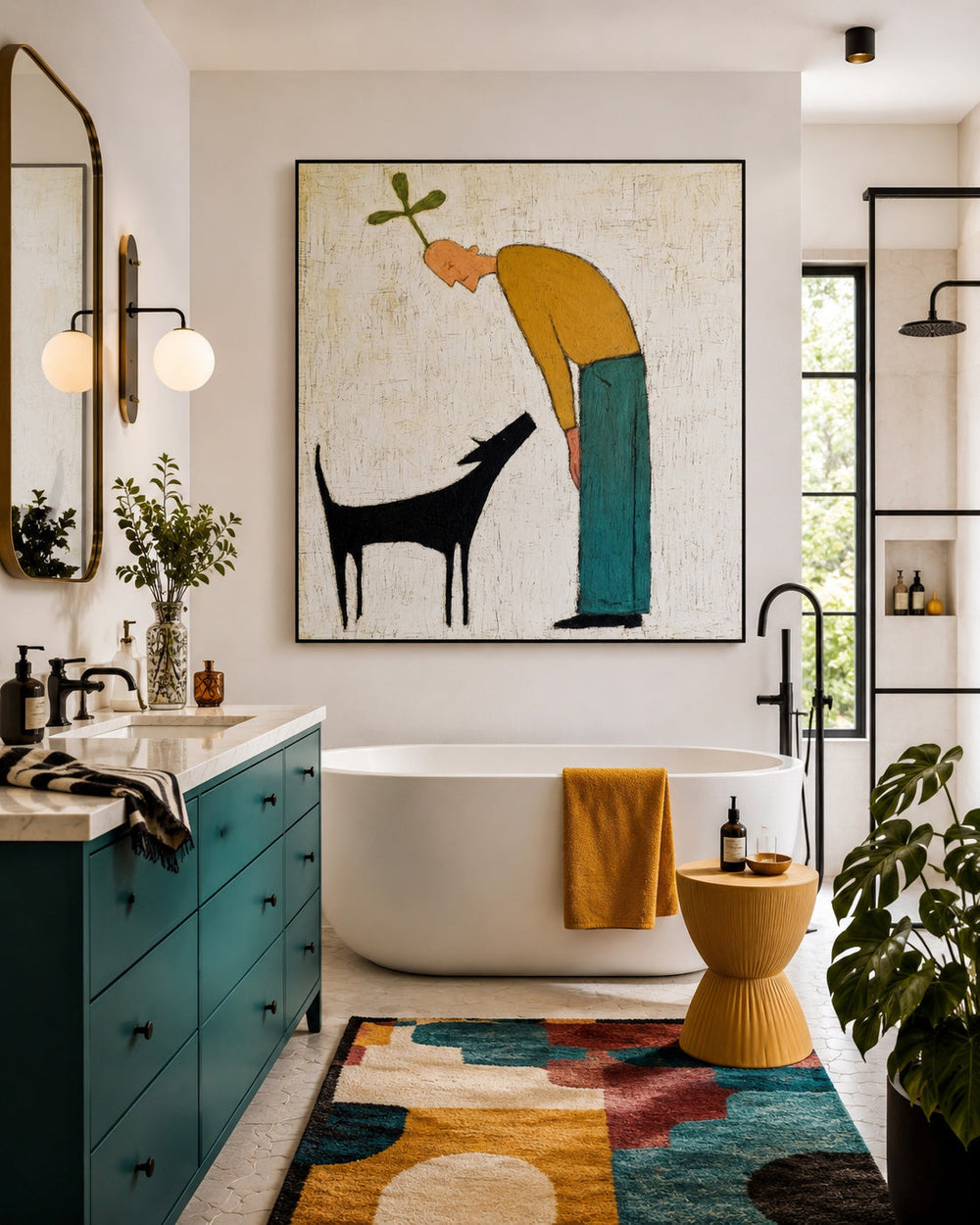 Whimsical Man And Dog Painting Minimalist Square Canvas Art For Modern Living Room Decor