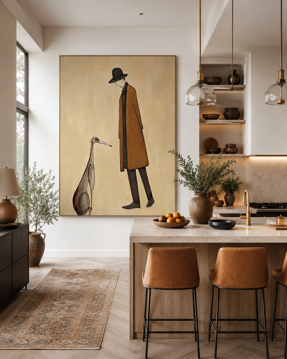Modern Minimalist Painting Of Man With Dog For Living Room Decor