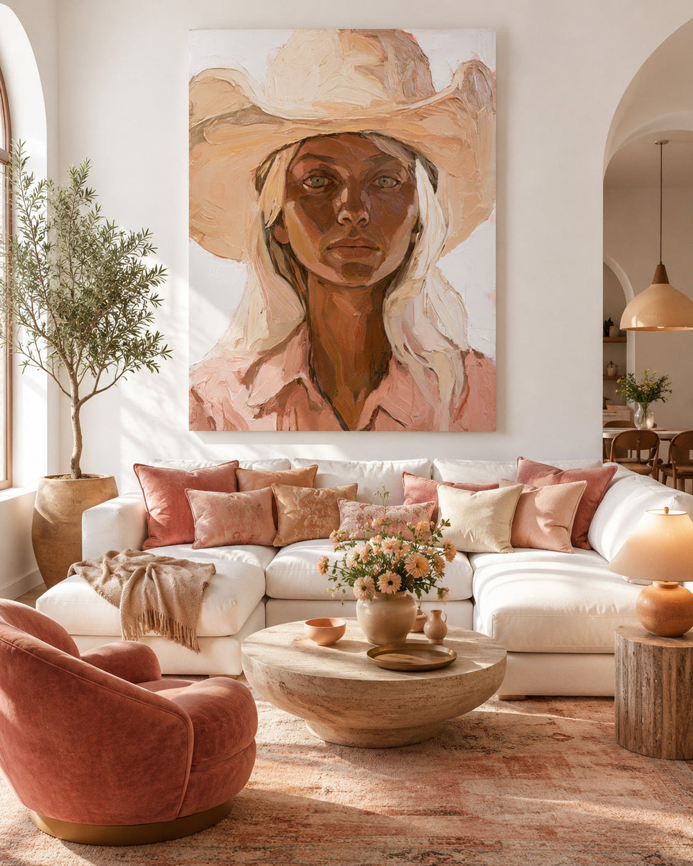 Modern Woman Portrait Painting With Warm Beige Tones For Living Room Decor
