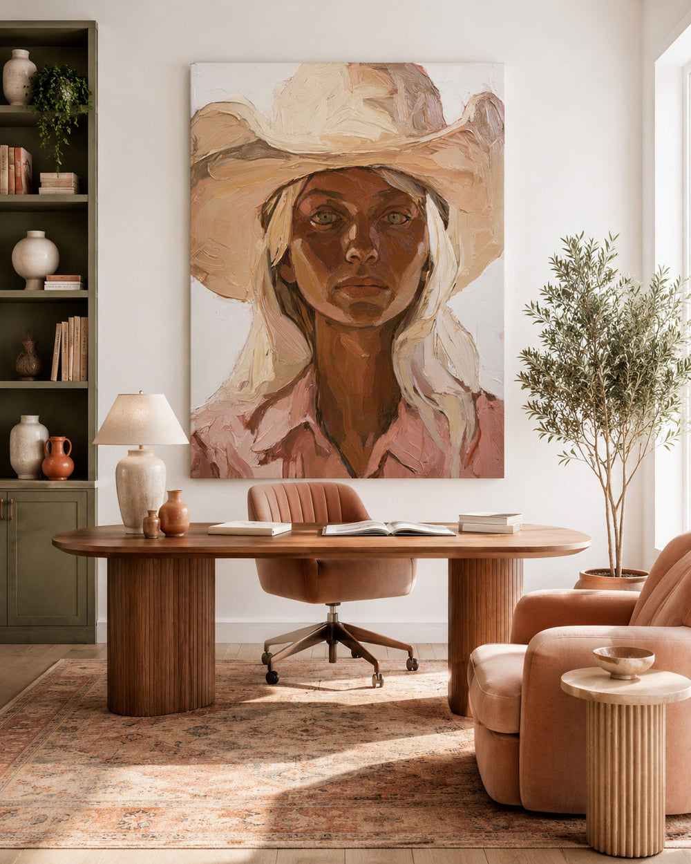 Modern Woman Portrait Painting With Warm Beige Tones For Living Room Decor