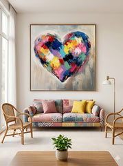 Textured Canvas Art With Geometric Heart Design Original Oil Painting