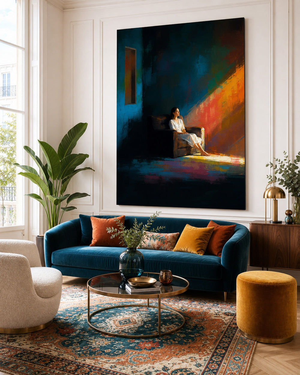 Expressive Woman Painting With Dramatic Light And Shadow For Modern Living Room Decor