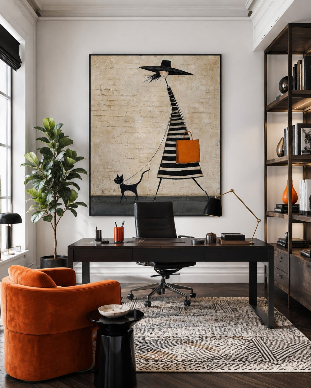 Quirky Lady Walking Cat Art Print Beige And Black Tones For Boutique Interior Design