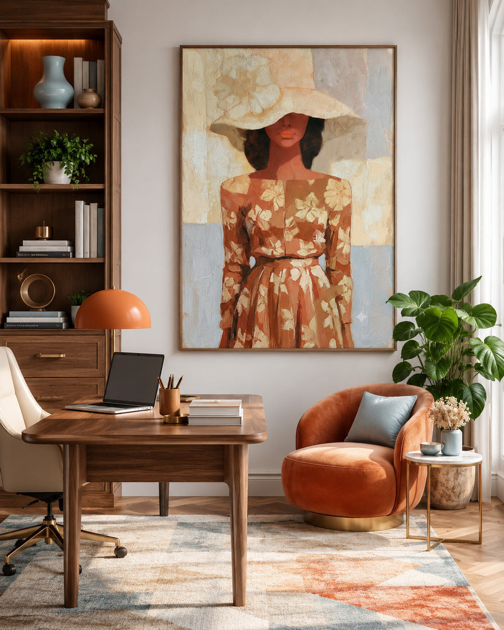 Elegant Female Portrait Painting With Floral Dress And Wide Brimmed Hat For Living Room Decor