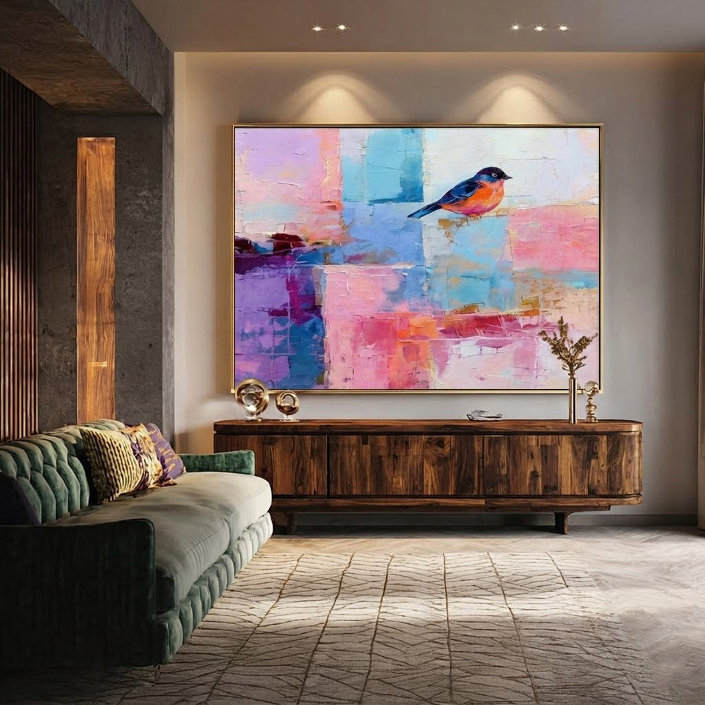 Modern Abstract Bird Painting With Pastel Colors For Living Room Decor