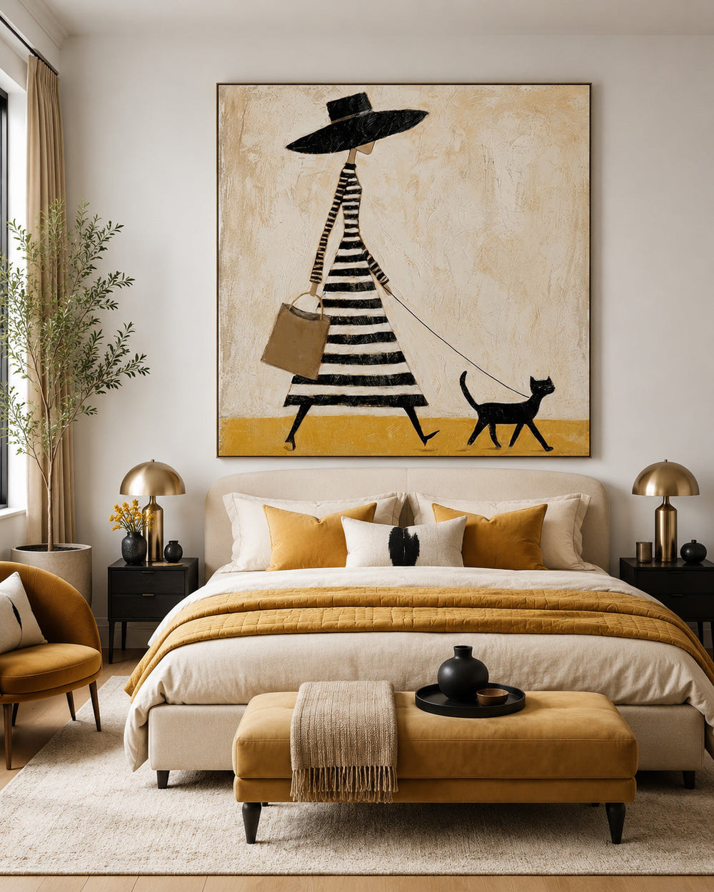 Chic Minimalist Fashion Art Of Woman With Cat For Modern Living Room Decor