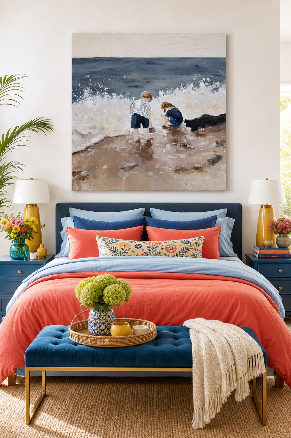 Children Playing At Beach Square Oil Painting For Living Room Decor With Textured Waves And Sand