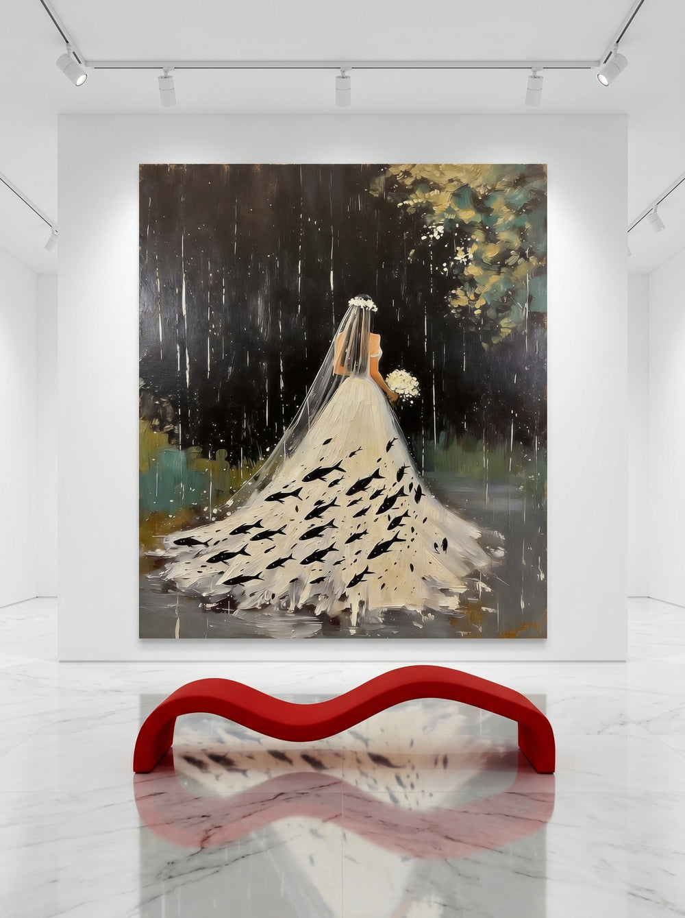 Surreal Bride Painting With Fish In Rain For Modern Home Decor