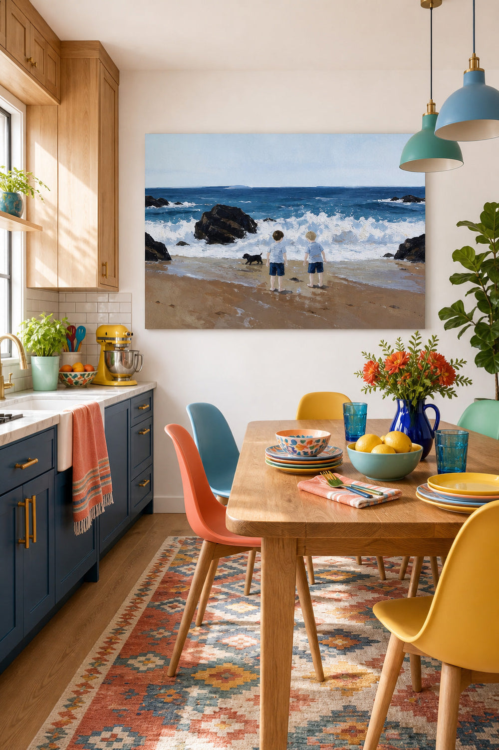Hand Painted Beach Scene With Children And Pet Dog Nostalgic Family Wall Art