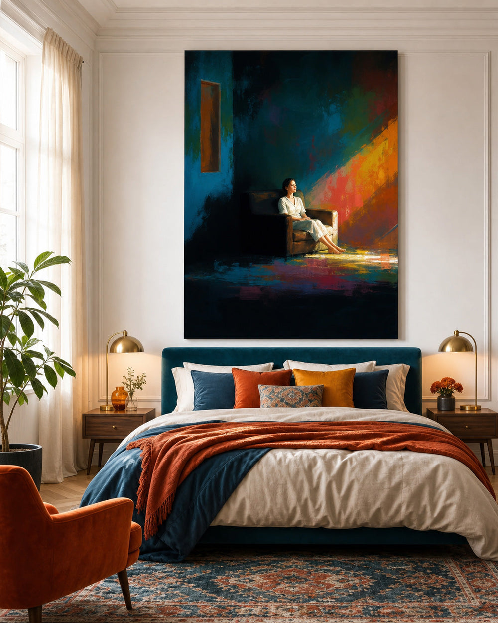 Expressive Woman Painting With Dramatic Light And Shadow For Modern Living Room Decor