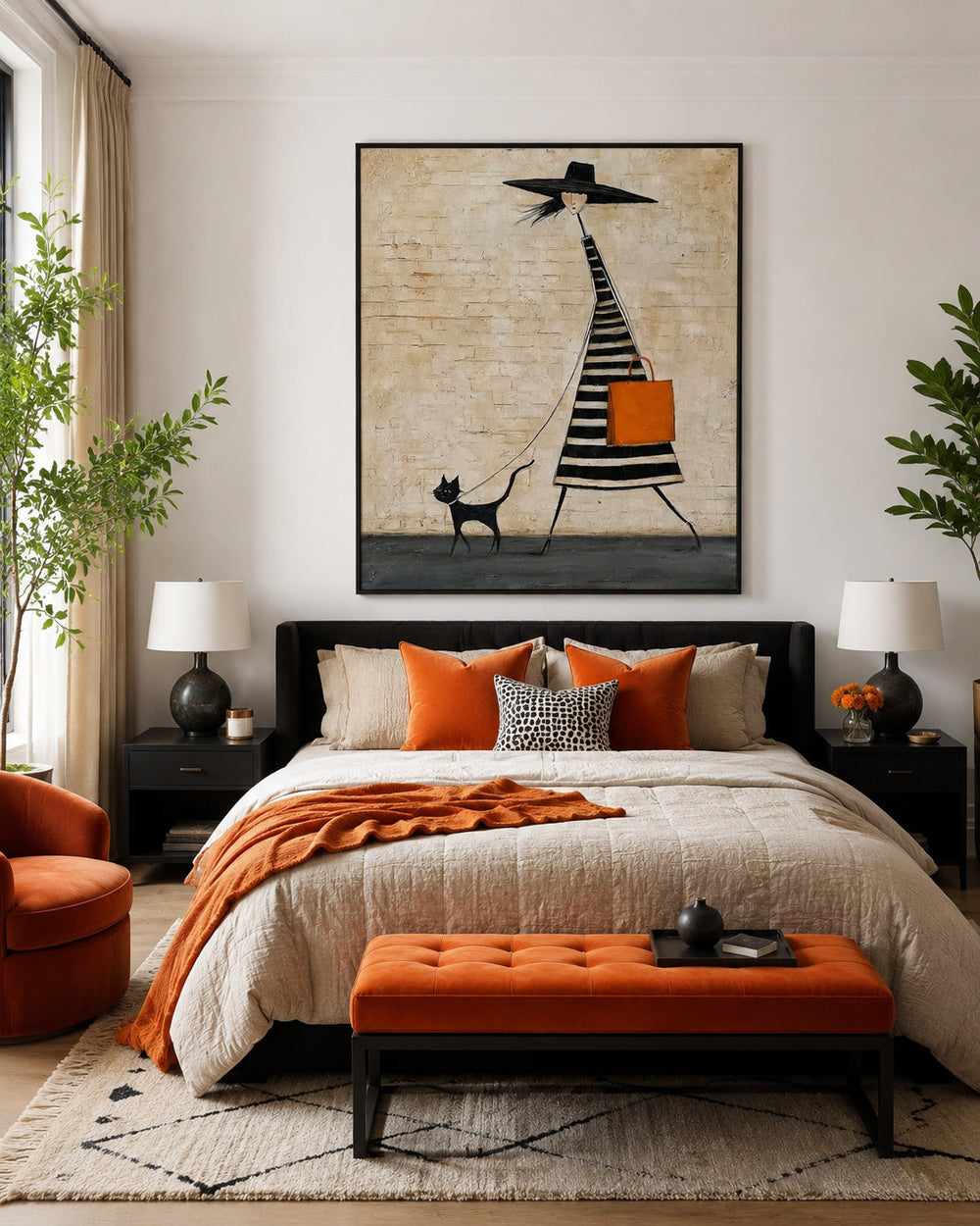 Quirky Lady Walking Cat Art Print Beige And Black Tones For Boutique Interior Design