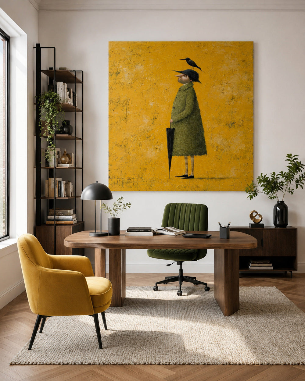 Quirky Character Art With Umbrella Minimalist Style Painting For Eclectic Interior
