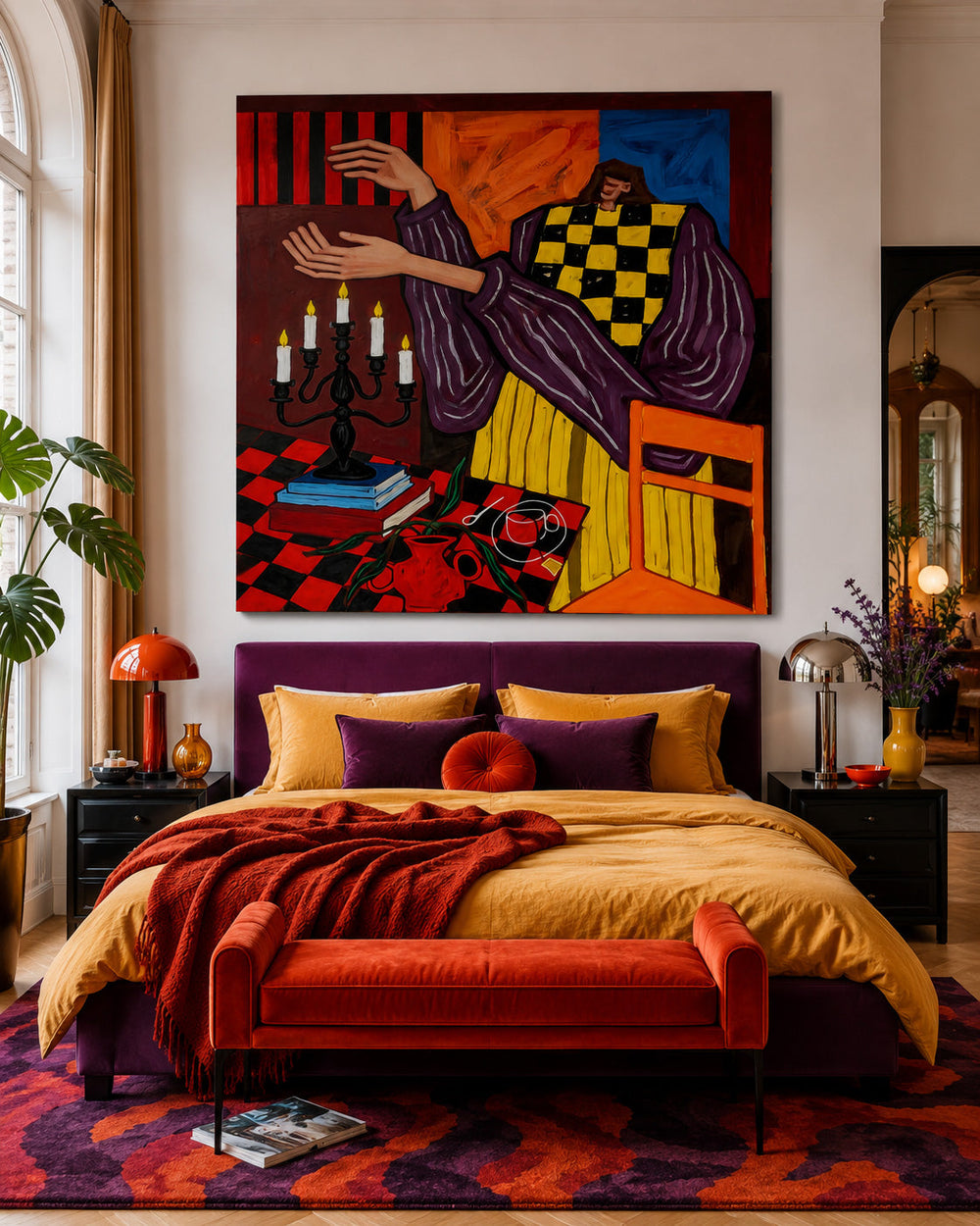 Bold Pop Art Portrait Painting With Red And Yellow Checks For Modern Living Room Decor