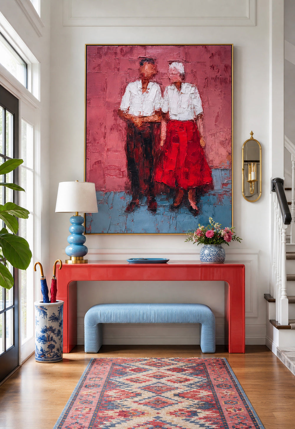 Elderly Couple Portrait Oil Painting Expressive Red And Blue Modern Art For Home