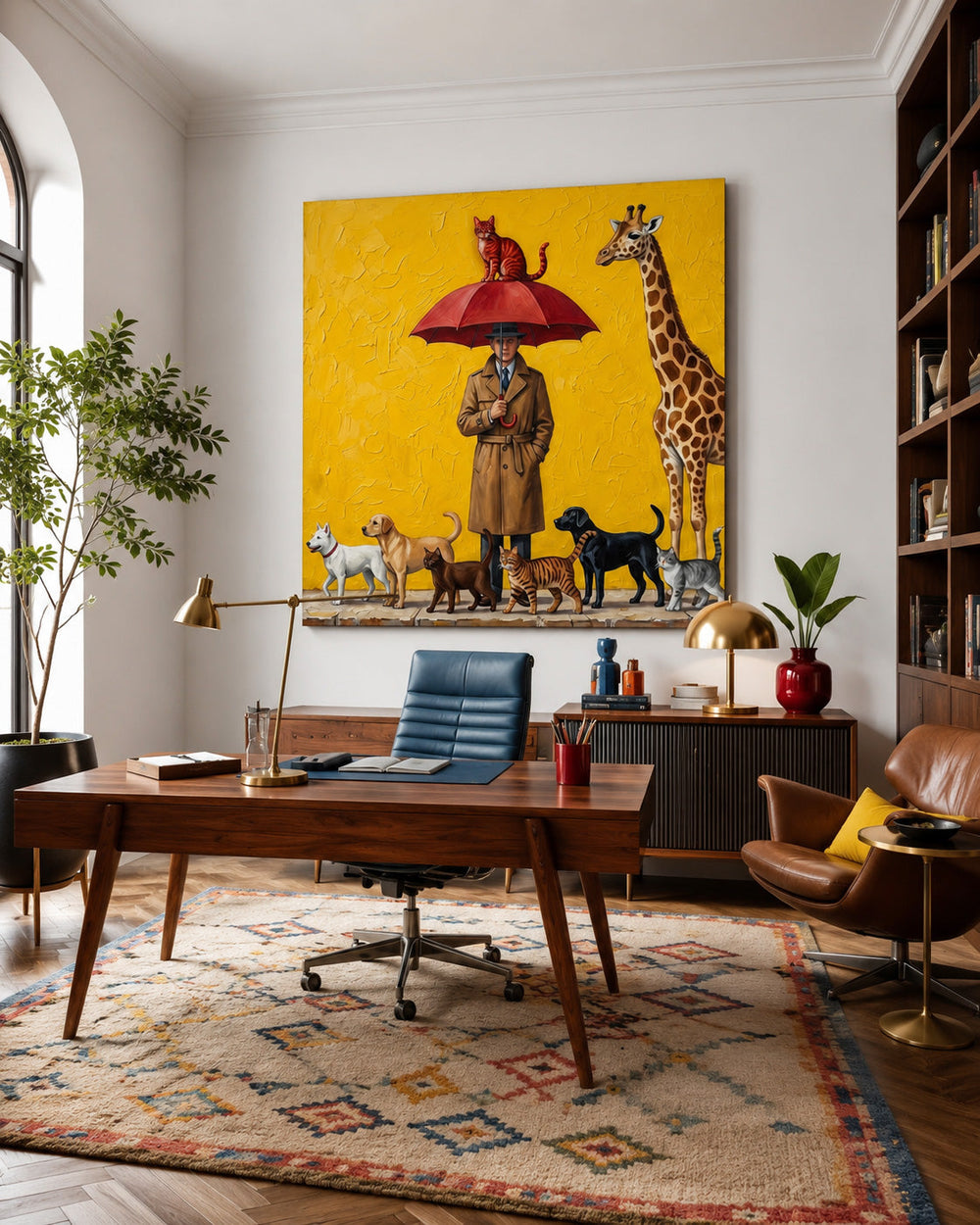 Surreal Man With Animals Painting Yellow Background Square Canvas Art For Living Room Decor