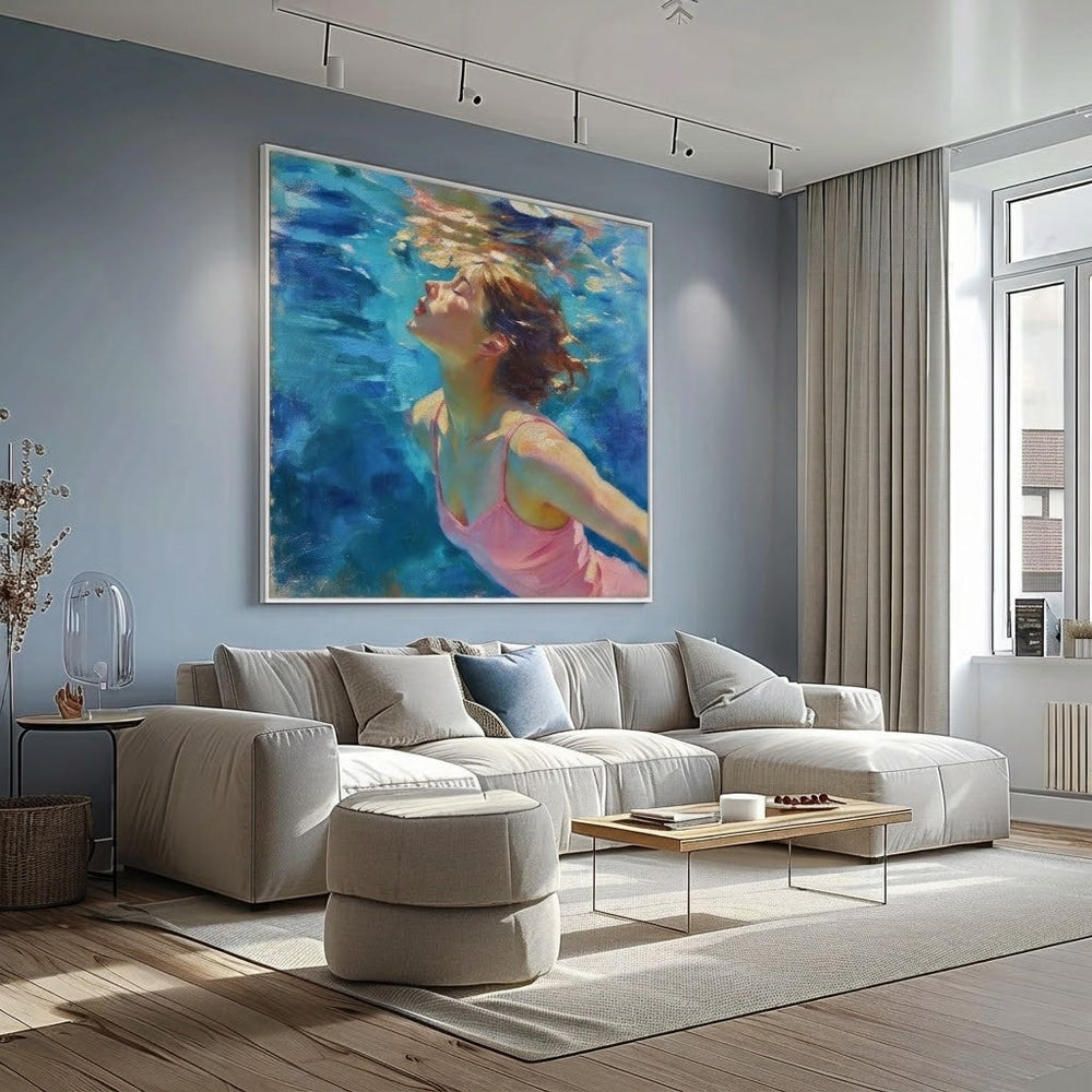 Underwater Woman Portrait Painting In Impressionist Style With Blue And Pink Tones