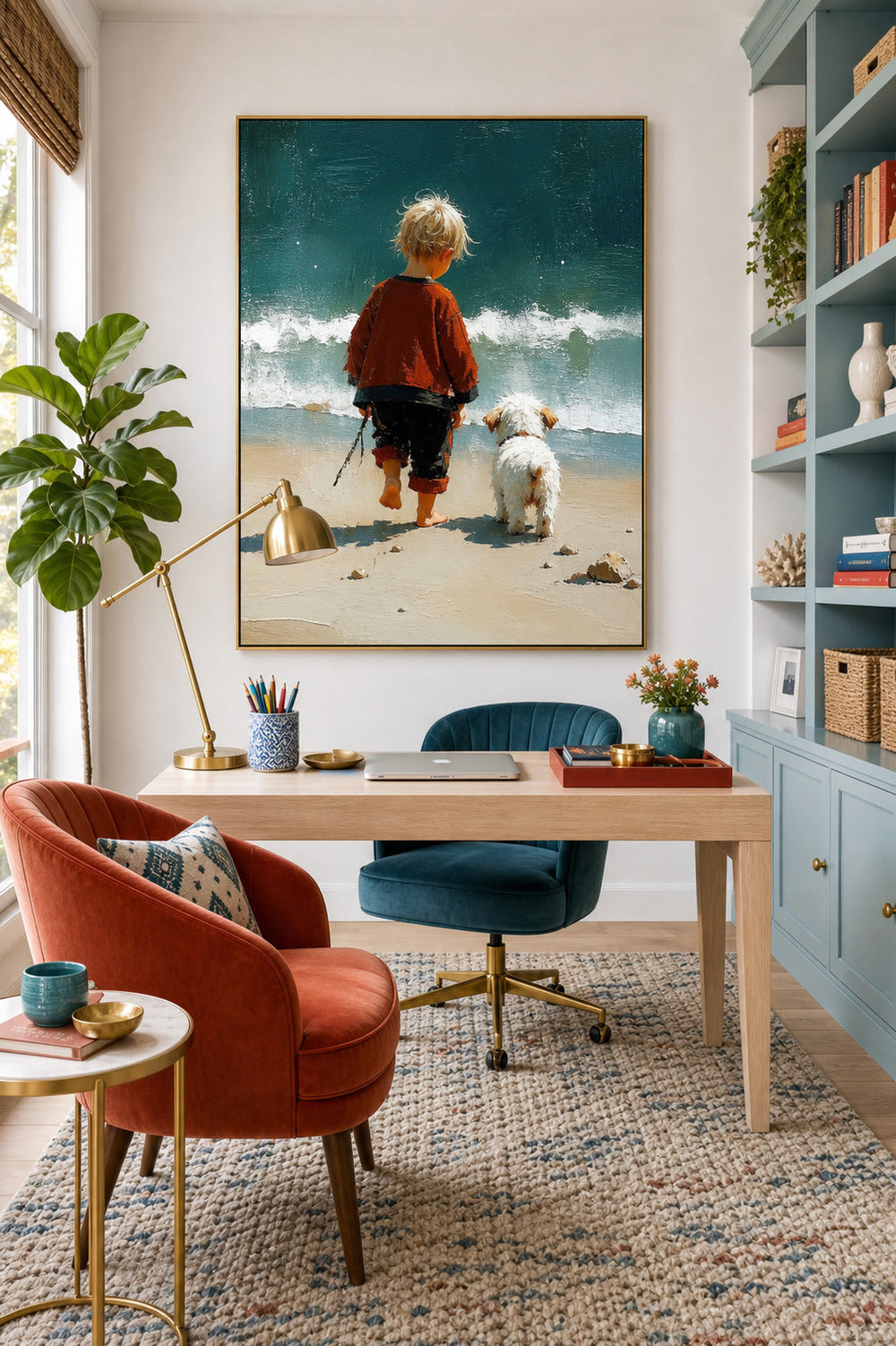 Impressionist Style Child And Dog Beach Painting Original Oil Art For Living Room Decor