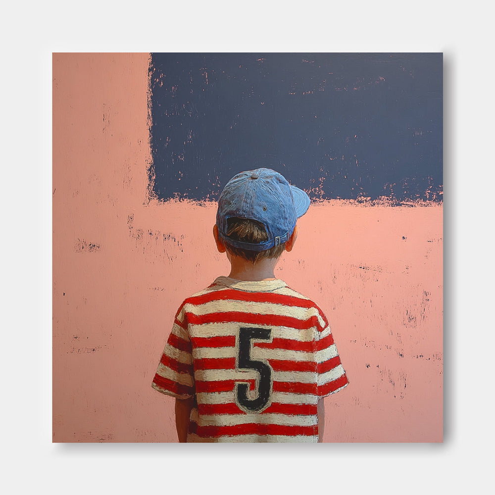 Minimalist Child Back View Painting Original Pink Wall Art Abstract Cool Boy Art For Living Room