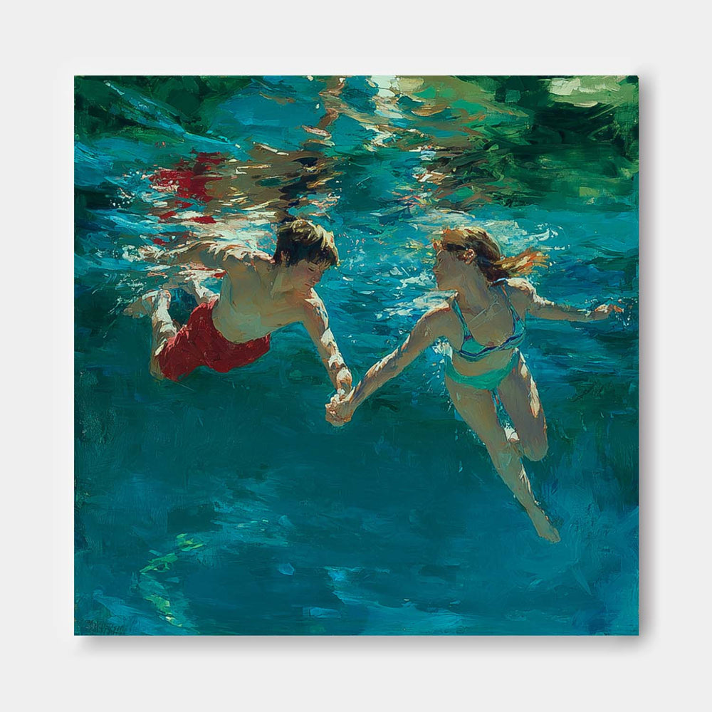 Two People Artwork Square Diving In Ocean Acrylic Painting Original swimming Wall Art For Living Room