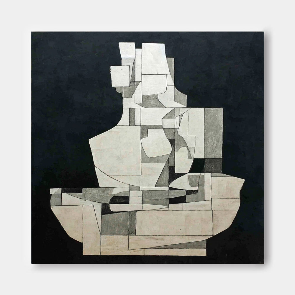 Abstract Geometric Black White Canvas Painting Minimalist Wall Art Modern Decor For Interior Design