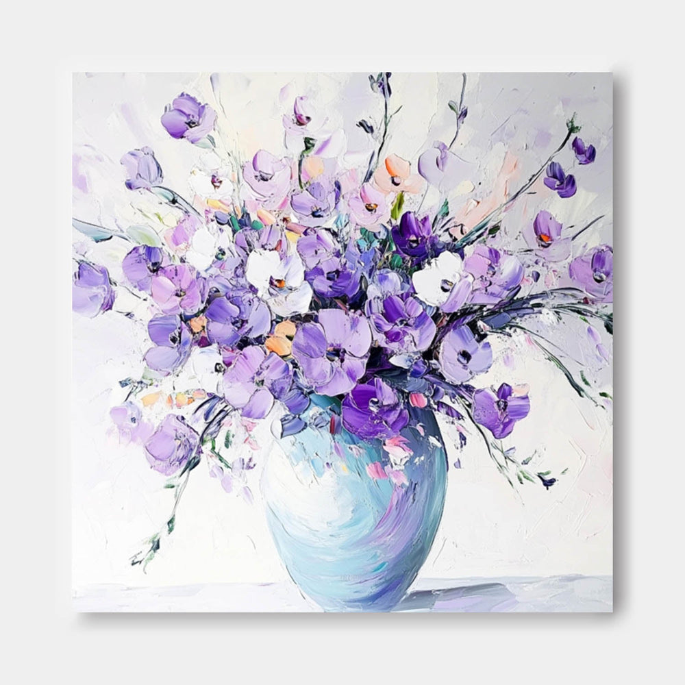 Original Exquisite Vase Art Large Purple Textured Flower Painting Modern Floral Wall Art For Living Room