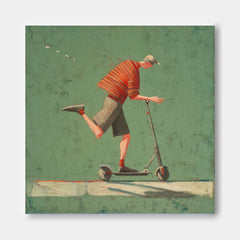 Landscape Green Wall Art Abstract Warm And Peaceful Atmosphere Minimalist Boy Riding A Scooter Painting