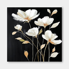 Black Original Artwork Texture Plant Wall Art Large White Flower Abstract Oil Painting Canvas Home Decor