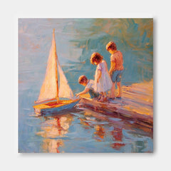 Vintage Childhood Sailboat Art Children By Lake Dock Oil Painting  Warm Toned Wall Decor For Living Room