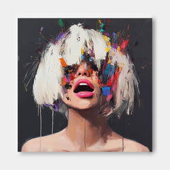 Beautiful Lady Abstract Wall Art Square Large Short Hair Girl Portrait Artwork Origina Acrylic Painting Canvas
