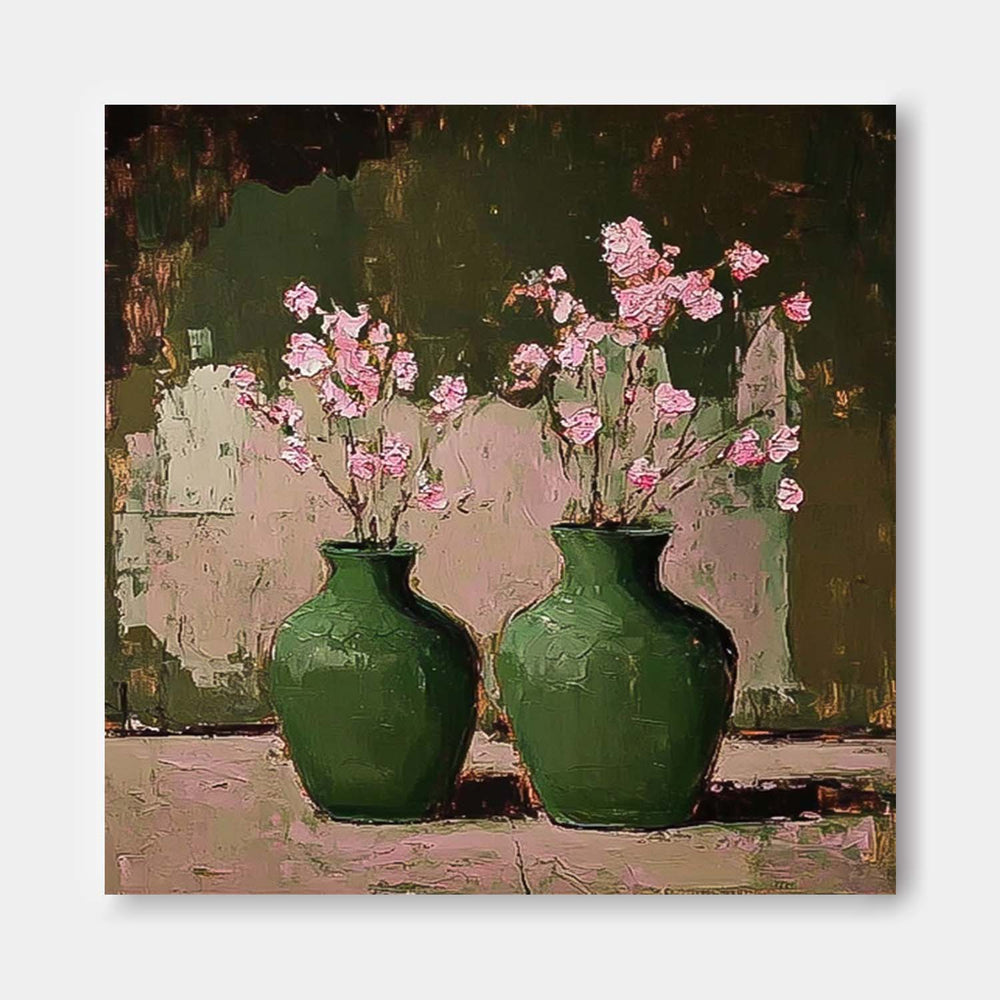 Square Large Retro Vase ArtFlowers Acrylic Painting Canvas Original Floral Painting For Living Room
