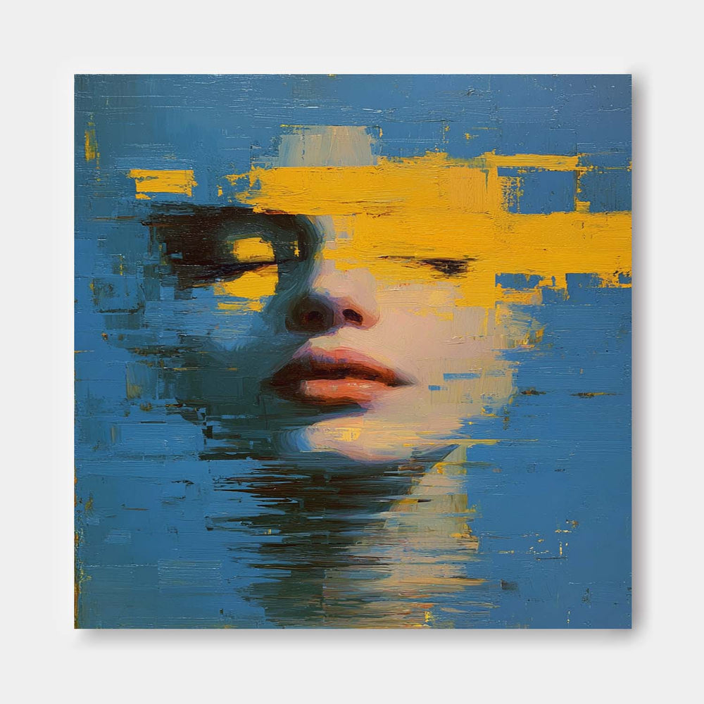 Abstract Face & Ocean Fusion Oil Painting  Modern Blue-Yellow Contrast Wall Art Unique Home Decor Artwork