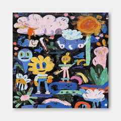 Colorful Doodle Impasto Oil Painting Whimsical Pop Art Vibrant Sun & Flower Abstract Playful Texture Artwork