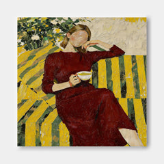 Faceless Woman In Burgundy Dress Painting Abstract Yellow & Green Striped Wall Art Modern Impressionist Decor