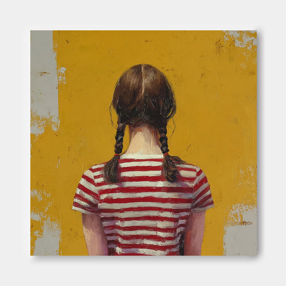Abstract Twin-Tailed Girl Art Minimalist Child Back View Painting Original Yellow Wall Art For Living Room