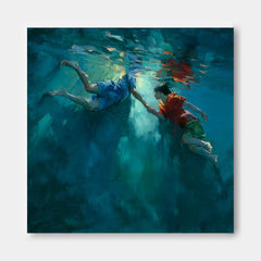 Two Children Artwork Square Diving In Ocean Acrylic Painting Original Child swimming Wall Art For Living Room