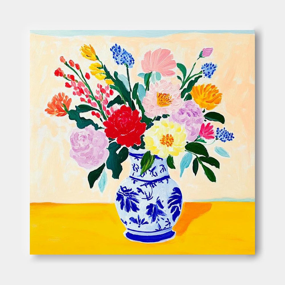 Original Flower Square Vase Artwork Floral Texture Painting on Canvas Large Illustration style Wall Art