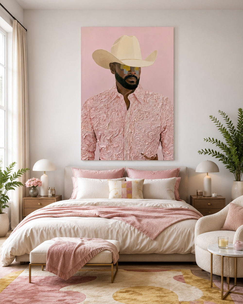 Modern Cowboy Portrait Painting Pink Textured Wall Art For Living Room Decor