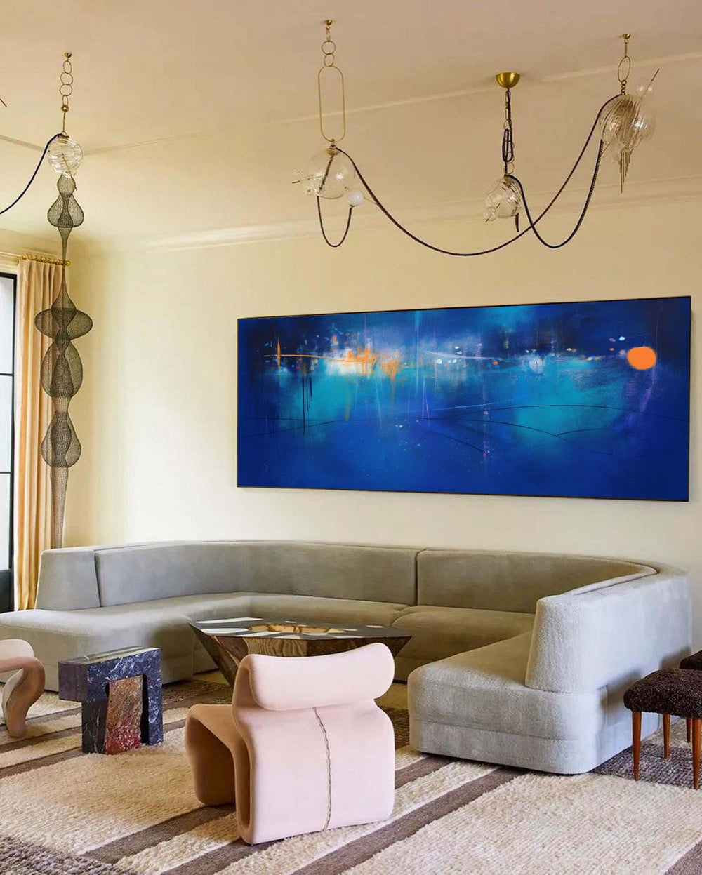 Large Bright Blue Acrylic Painting Original Oil Painting On Canvas Modern Abstract Living Room Wall Art