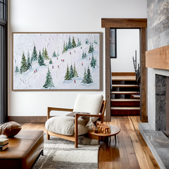 Glide Through Pines – Skiing Oil Painting on Textured Canvas, Winter Snow Landscape Wall Art
