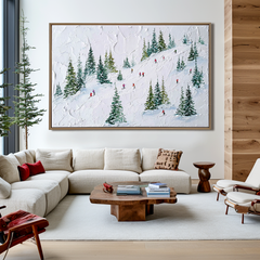 Glide Through Pines – Skiing Oil Painting on Textured Canvas, Winter Snow Landscape Wall Art