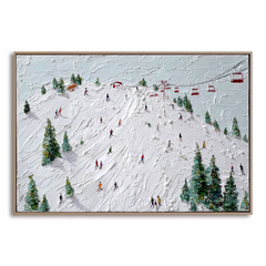 Summit Rush – Ski Resort Oil Painting on Textured Canvas, Winter Sports Alpine Wall Art