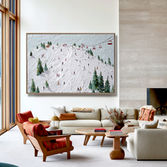 Summit Rush – Ski Resort Oil Painting on Textured Canvas, Winter Sports Alpine Wall Art