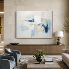 Ivory blue and white abstract AB111 in a refined hotel lobby seating area