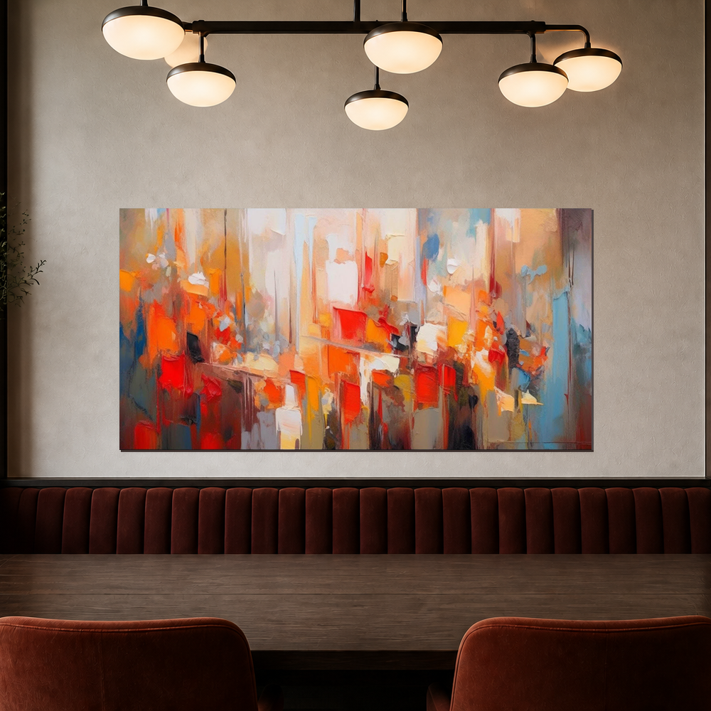 Panoramic red orange cream and blue abstract AB168 in a private dining room