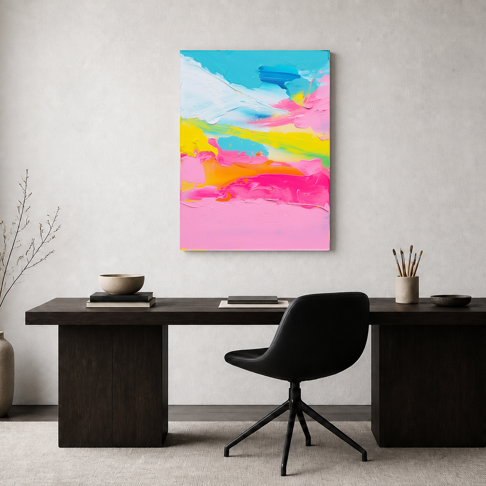 Vertical turquoise pink and yellow impasto abstract AB270 in a modern workspace
