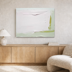 White and pale mint horizontal impasto abstract AB300 above a light wood console