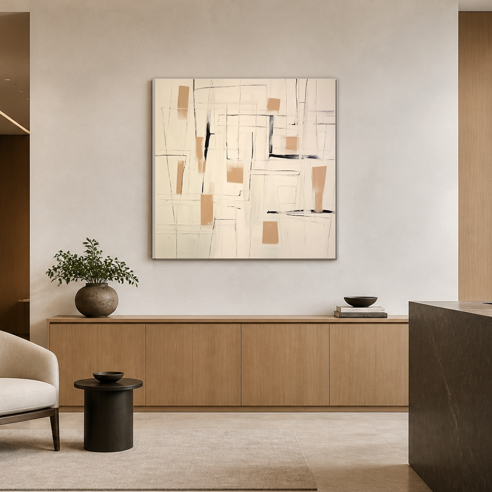Square ivory black and tan line-art abstract AB323 in a modern office reception area